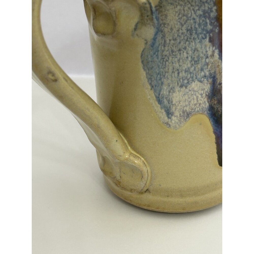 Studio Pottery Mug Tall 5 1/2 inches Drip Glaze Beige Brown Blue Signed Glosssy - Picture 14 of 16